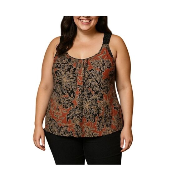 Agenda Tops - Agenda Womens Red & Black Floral Beaded Strap Sleeveless Top Size XL